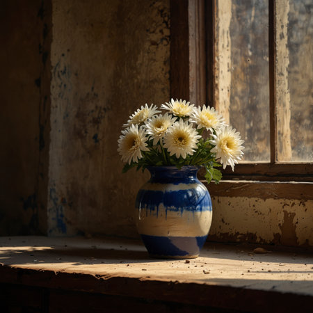 Arrangement of chrysanthemums in a striped vase. The delicate blossoms bring a bright, harmonious touch to the nostalgic still life, contrasting beautifully with the weathered surroundings.の素材
