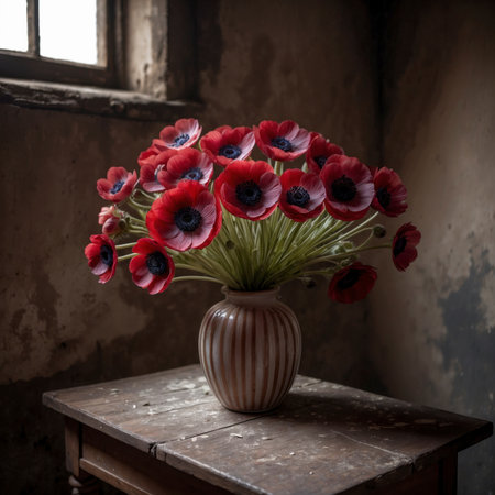 Arrangement of anemones in a rounded vase. The vibrant blossoms with dark centers create a striking contrast, adding a lively and expressive touch to the nostalgic still life.の素材