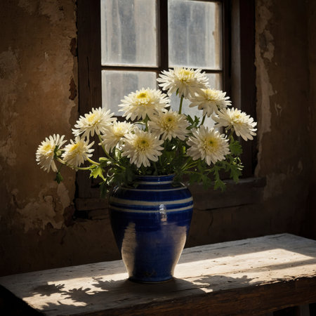 Arrangement of chrysanthemums in a striped vase. The delicate blossoms bring a bright, harmonious touch to the nostalgic still life, contrasting beautifully with the weathered surroundings.の素材
