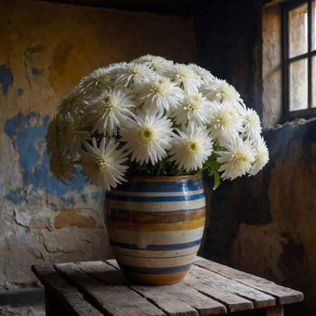 Arrangement of chrysanthemums in a striped vase. The delicate blossoms bring a bright, harmonious touch to the nostalgic still life, contrasting beautifully with the weathered surroundings.の素材