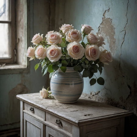 Arrangement of roses in a vase. The delicate blossoms appear elegant and timeless, blending harmoniously into the nostalgic atmosphere of the still life.の素材