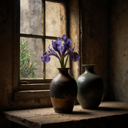 Arrangement of irises in a vase. The bold blossoms appear striking and elegant, blending beautifully with the rustic atmosphere of the still life.の素材