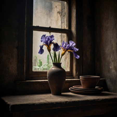 Arrangement of irises in a vase. The bold blossoms appear striking and elegant, blending beautifully with the rustic atmosphere of the still life.の素材
