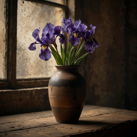Arrangement of irises in a vase. The bold blossoms appear striking and elegant, blending beautifully with the rustic atmosphere of the still life.の素材