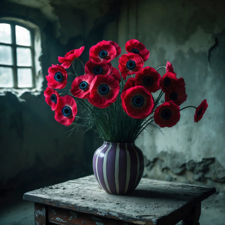 Arrangement of anemones in a rounded vase. The vibrant blossoms with dark centers create a striking contrast, adding a lively and expressive touch to the nostalgic still life.の素材