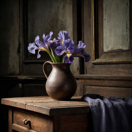 Arrangement of irises in a vase. The bold blossoms appear striking and elegant, blending beautifully with the rustic atmosphere of the still life.の素材