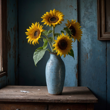 Sunflowers arranged in a vase. The bold flower heads radiate in the rustic setting, adding a sense of summer warmth to the still life.の素材