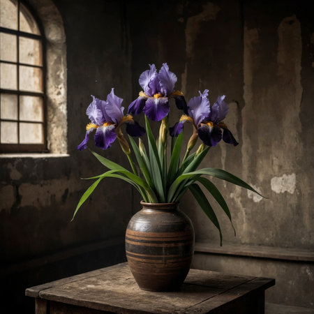 Arrangement of irises in a vase. The bold blossoms appear striking and elegant, blending beautifully with the rustic atmosphere of the still life.の素材