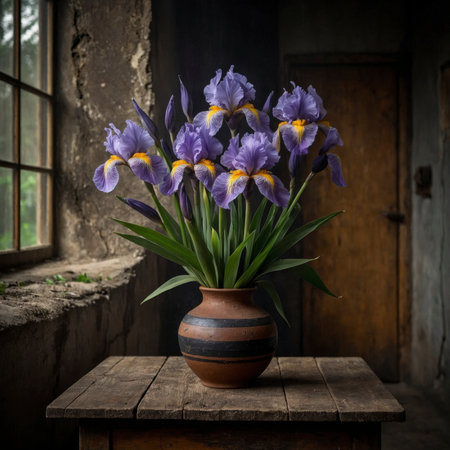 Arrangement of irises in a vase. The bold blossoms appear striking and elegant, blending beautifully with the rustic atmosphere of the still life.の素材