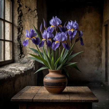 Arrangement of irises in a vase. The bold blossoms appear striking and elegant, blending beautifully with the rustic atmosphere of the still life.の素材