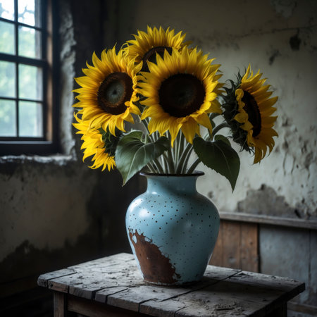 Sunflowers arranged in a vase. The bold flower heads radiate in the rustic setting, adding a sense of summer warmth to the still life.の素材