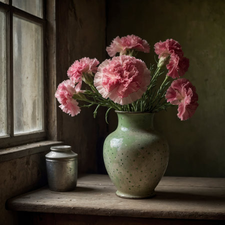 An arrangement of carnations in a vase on a wooden table against a weathered background. The scene appears simple and nostalgic, with soft light falling through the window.の素材