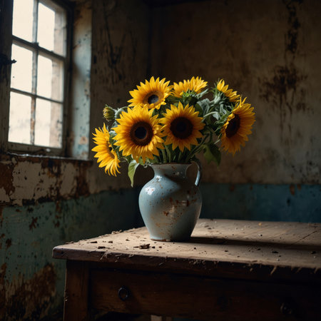 Sunflowers arranged in a vase. The bold flower heads radiate in the rustic setting, adding a sense of summer warmth to the still life.の素材