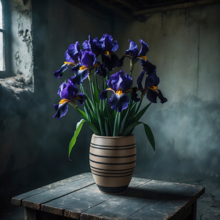 Arrangement of irises in a vase. The bold blossoms appear striking and elegant, blending beautifully with the rustic atmosphere of the still life.の素材