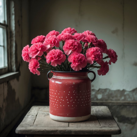 An arrangement of carnations in a vase on a wooden table against a weathered background. The scene appears simple and nostalgic, with soft light falling through the window.の素材