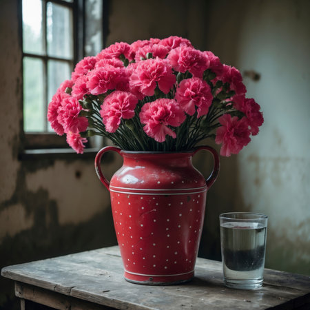 An arrangement of carnations in a vase on a wooden table against a weathered background. The scene appears simple and nostalgic, with soft light falling through the window.の素材