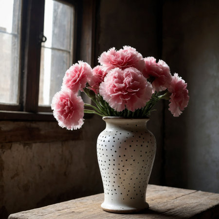 An arrangement of carnations in a vase on a wooden table against a weathered background. The scene appears simple and nostalgic, with soft light falling through the window.の素材