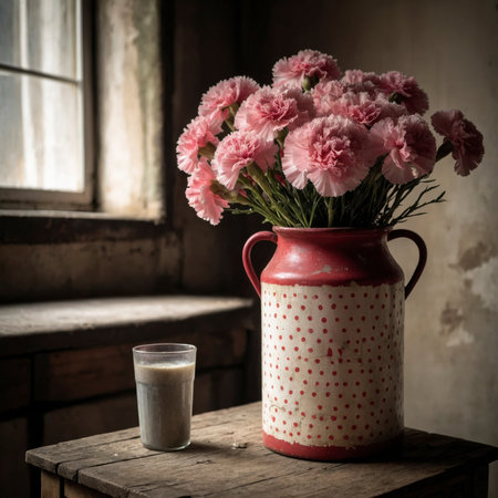 An arrangement of carnations in a vase on a wooden table against a weathered background. The scene appears simple and nostalgic, with soft light falling through the window.の素材