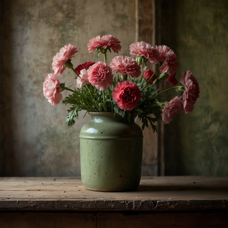 An arrangement of carnations in a vase on a wooden table against a weathered background. The scene appears simple and nostalgic, with soft light falling through the window.の素材