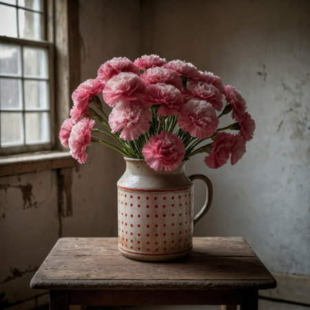 An arrangement of carnations in a vase on a wooden table against a weathered background. The scene appears simple and nostalgic, with soft light falling through the window.の素材