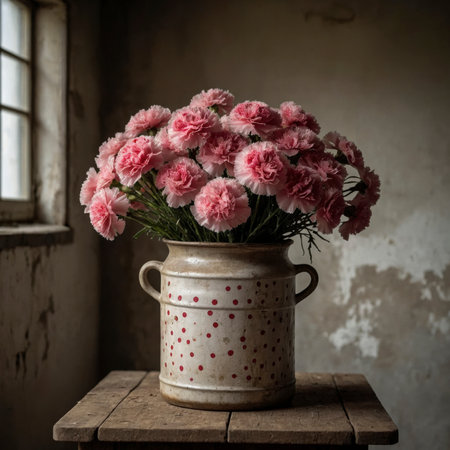 An arrangement of carnations in a vase on a wooden table against a weathered background. The scene appears simple and nostalgic, with soft light falling through the window.の素材