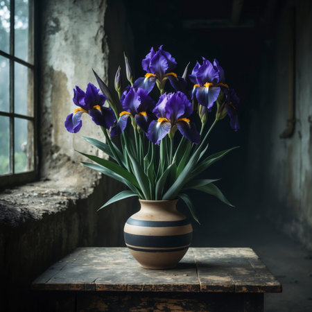 Arrangement of irises in a vase. The bold blossoms appear striking and elegant, blending beautifully with the rustic atmosphere of the still life.の素材