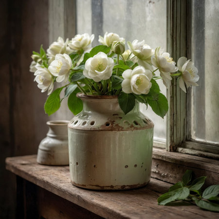 An arrangement of hellebore stands in a vase on a windowsill. The incoming light highlights the delicate petals and emphasizes the fresh green leaves.の素材