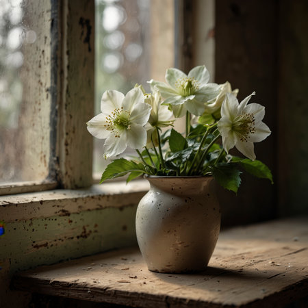 An arrangement of hellebore stands in a vase on a windowsill. The incoming light highlights the delicate petals and emphasizes the fresh green leaves.の素材