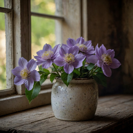 Clematis in a vessel on a weathered windowsill, highlighted by soft daylight. The scene feels calm and nostalgic.の素材