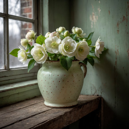 An arrangement of hellebore stands in a vase on a windowsill. The incoming light highlights the delicate petals and emphasizes the fresh green leaves.の素材
