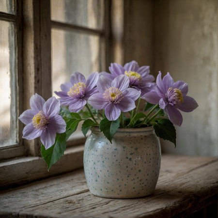 Clematis in a vessel on a weathered windowsill, highlighted by soft daylight. The scene feels calm and nostalgic.の素材