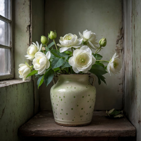 An arrangement of hellebore stands in a vase on a windowsill. The incoming light highlights the delicate petals and emphasizes the fresh green leaves.の素材
