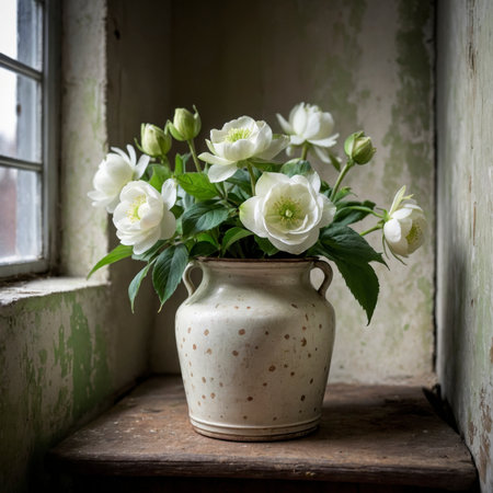 An arrangement of hellebore stands in a vase on a windowsill. The incoming light highlights the delicate petals and emphasizes the fresh green leaves.の素材