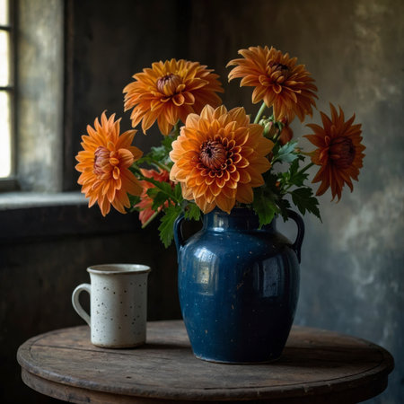 Dahlia in a vessel on an old wooden table, placed near a window with soft light. The vibrant bloom stands out distinctly against the weathered wall in the background.の素材