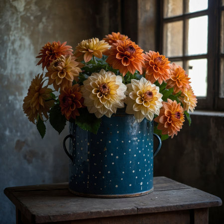 Dahlia in a vessel on an old wooden table, placed near a window with soft light. The vibrant bloom stands out distinctly against the weathered wall in the background.の素材