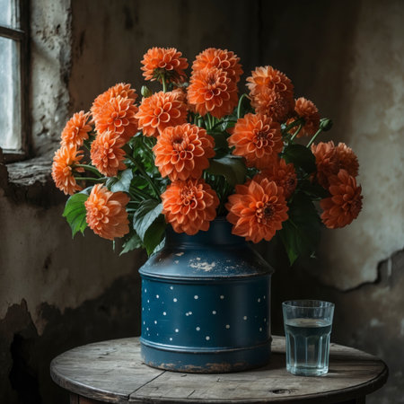 Dahlia in a vessel on an old wooden table, placed near a window with soft light. The vibrant bloom stands out distinctly against the weathered wall in the background.の素材
