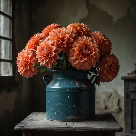 Dahlia in a vessel on an old wooden table, placed near a window with soft light. The vibrant bloom stands out distinctly against the weathered wall in the background.の素材