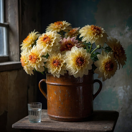 Dahlia in a vessel on an old wooden table, placed near a window with soft light. The vibrant bloom stands out distinctly against the weathered wall in the background.の素材