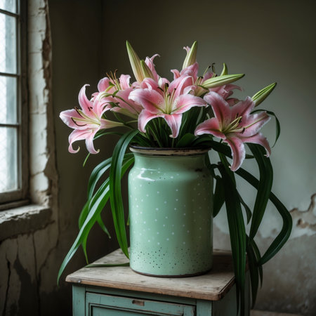 Lily in a vessel on a small wooden table, placed next to an old window. The soft light highlights the delicate blossoms and the weathered wall in the background.の素材