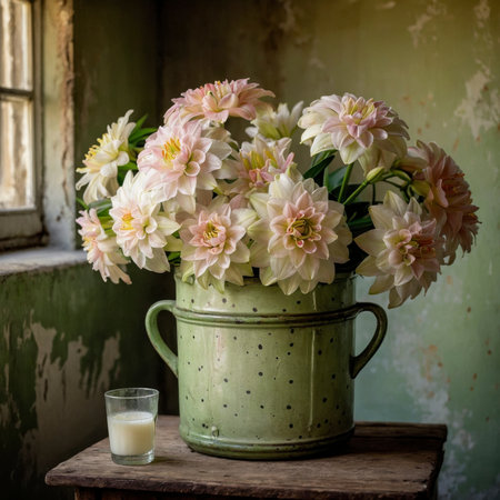 Dahlia in a vessel on an old wooden table, placed near a window with soft light. The vibrant bloom stands out distinctly against the weathered wall in the background.の素材
