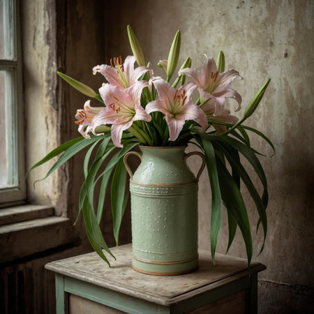 Lily in a vessel on a small wooden table, placed next to an old window. The soft light highlights the delicate blossoms and the weathered wall in the background.の素材