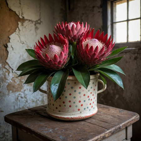 Protea in a vessel on an old wooden table, placed in front of a weathered wall in incoming light. The strong blossoms appear sculptural and create a striking accent.の素材