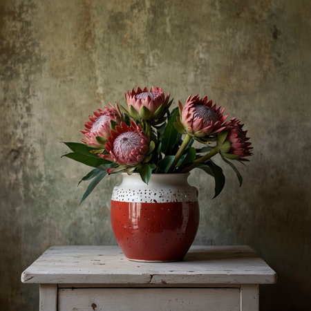 Protea in a vessel on an old wooden table, placed in front of a weathered wall in incoming light. The strong blossoms appear sculptural and create a striking accent.の素材