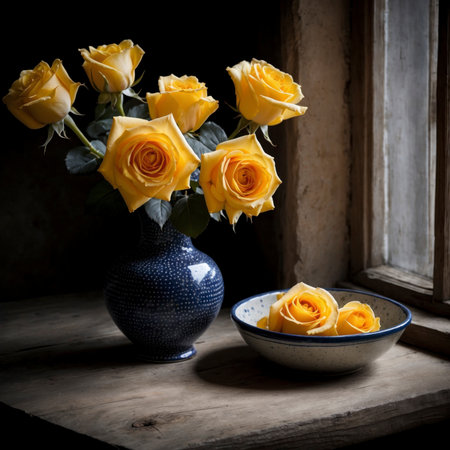 Rose in a vessel on an old wooden table, set against a stone wall and next to a window. The soft light emphasizes the blossoms and enhances the warm atmosphere of the room.の素材