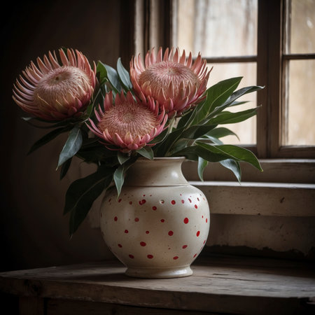 Protea in a vessel on an old wooden table, placed in front of a weathered wall in incoming light. The strong blossoms appear sculptural and create a striking accent.の素材