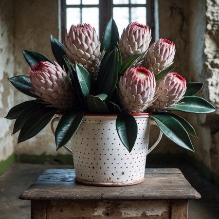 Protea in a vessel on an old wooden table, placed in front of a weathered wall in incoming light. The strong blossoms appear sculptural and create a striking accent.の素材