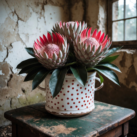 Protea in a vessel on an old wooden table, placed in front of a weathered wall in incoming light. The strong blossoms appear sculptural and create a striking accent.の素材