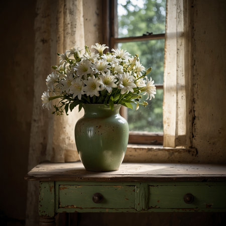 Lily in a vessel on an old wooden table, placed against a patinated wall in soft light. The delicate blossoms unfold a calm, classical effect.の素材