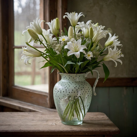 Lily in a vessel on an old wooden table, placed against a patinated wall in soft light. The delicate blossoms unfold a calm, classical effect.の素材