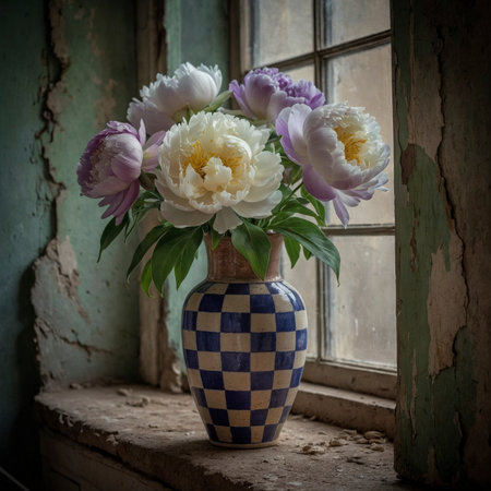 Peony in a vessel on a table near an old window, with a crumbling wall in the background. The scene appears calm and timeless.の素材